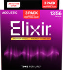 Cordes de guitare acoustique Elixir NANOWEB en bronze phosphoreux (paquet de 3) - Medium 13-56